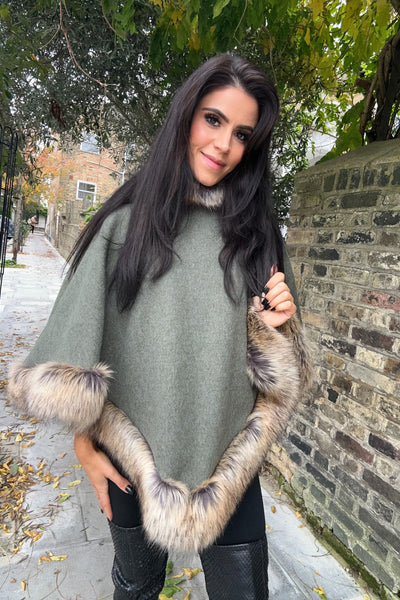 Faux Fur Poncho - Khaki