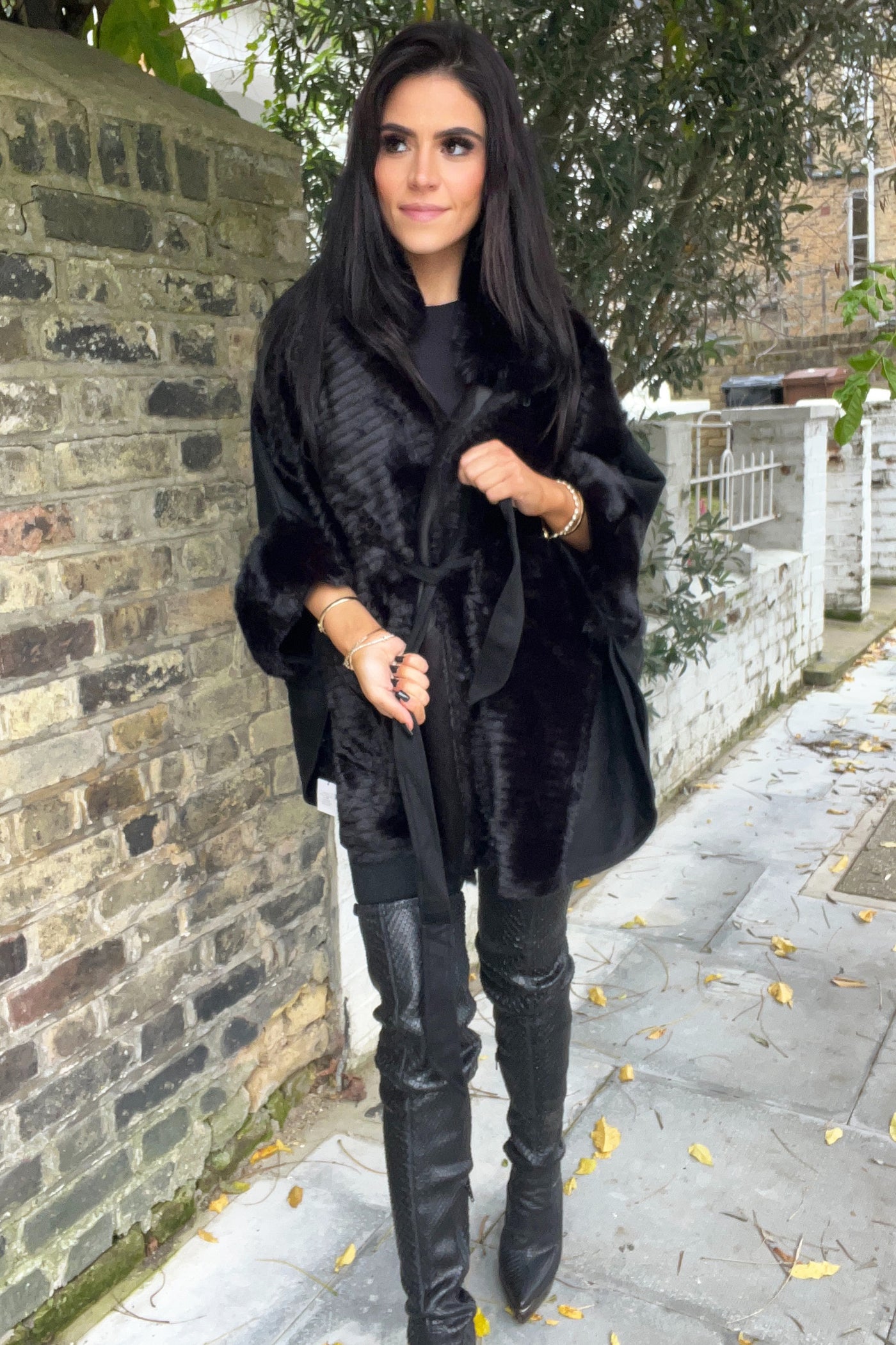 Faux Fur Panel Cape - Black