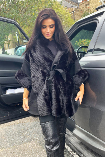 Faux Fur Panel Cape - Black