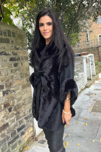 Faux Fur Panel Cape - Black