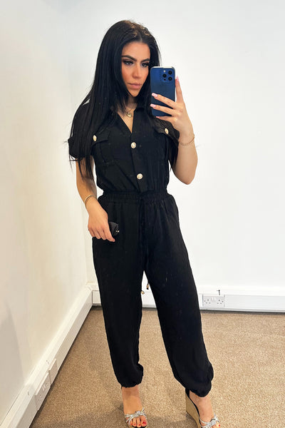 Gold Button Jumpsuit - Black