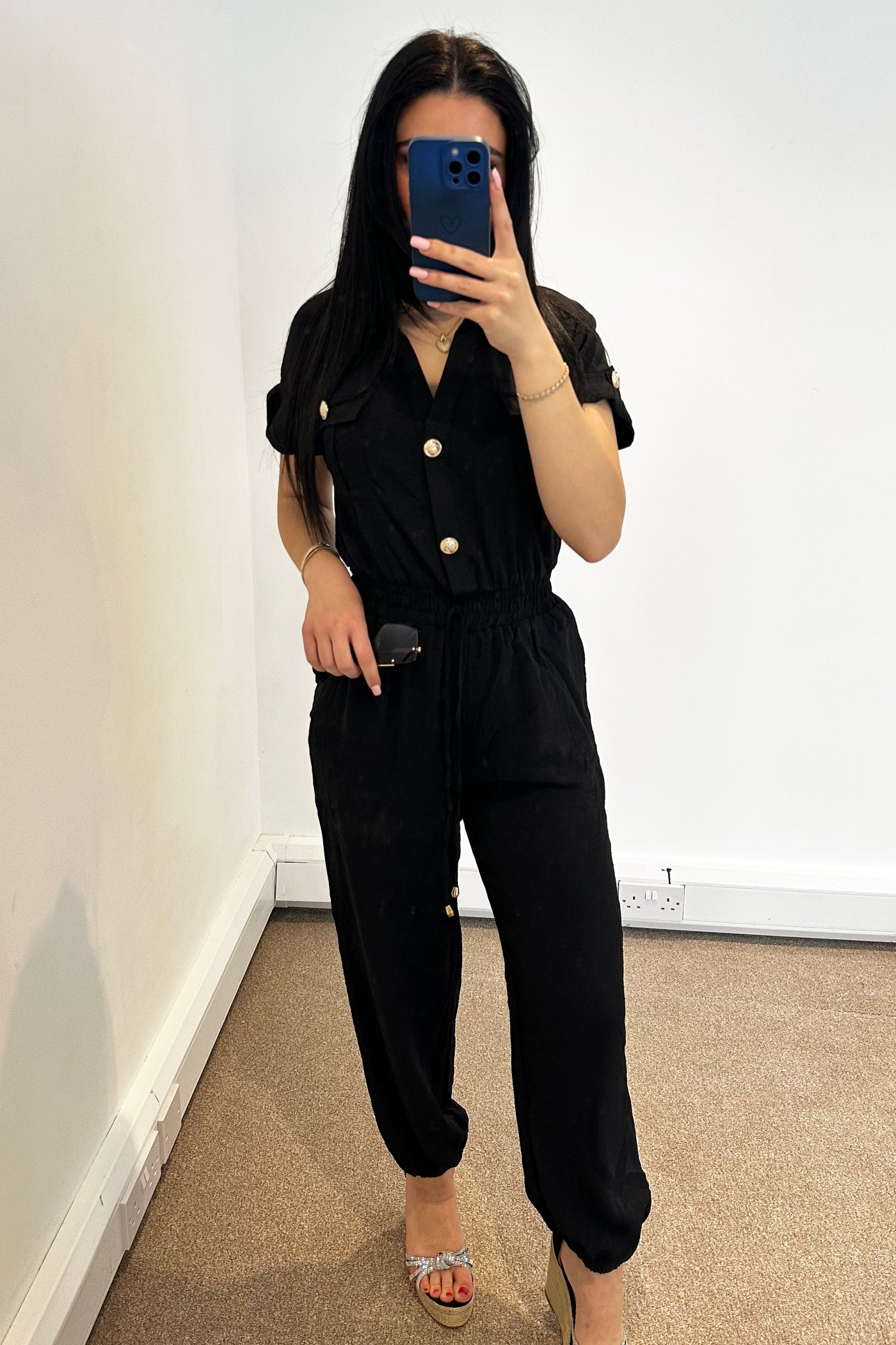 Gold Button Jumpsuit - Black