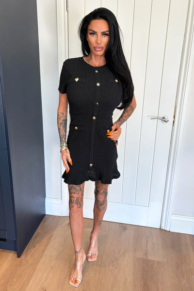 Gold Button Dress - Black