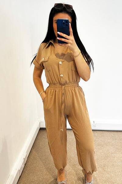 Gold Button Jumpsuit - Camel