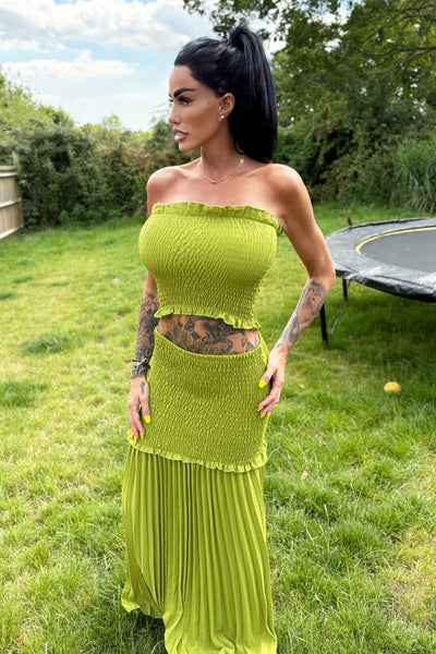 Pleat Maxi Skirt & Top Set - Lime Green