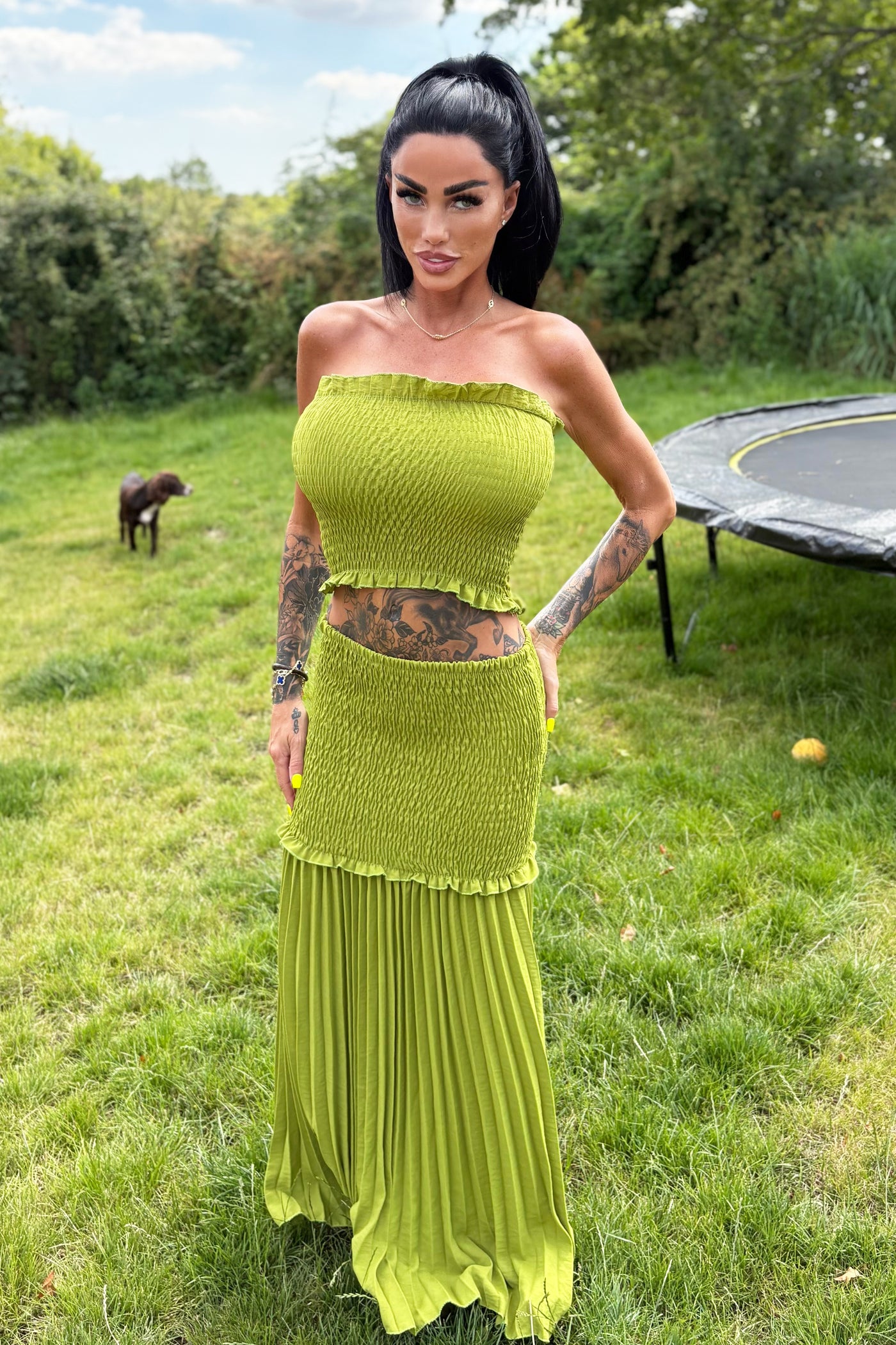 Pleat Maxi Skirt & Top Set - Lime Green