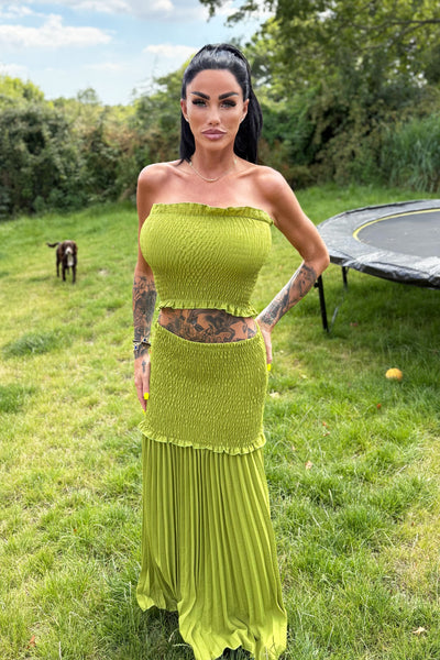 Pleat Maxi Skirt & Top Set - Lime Green