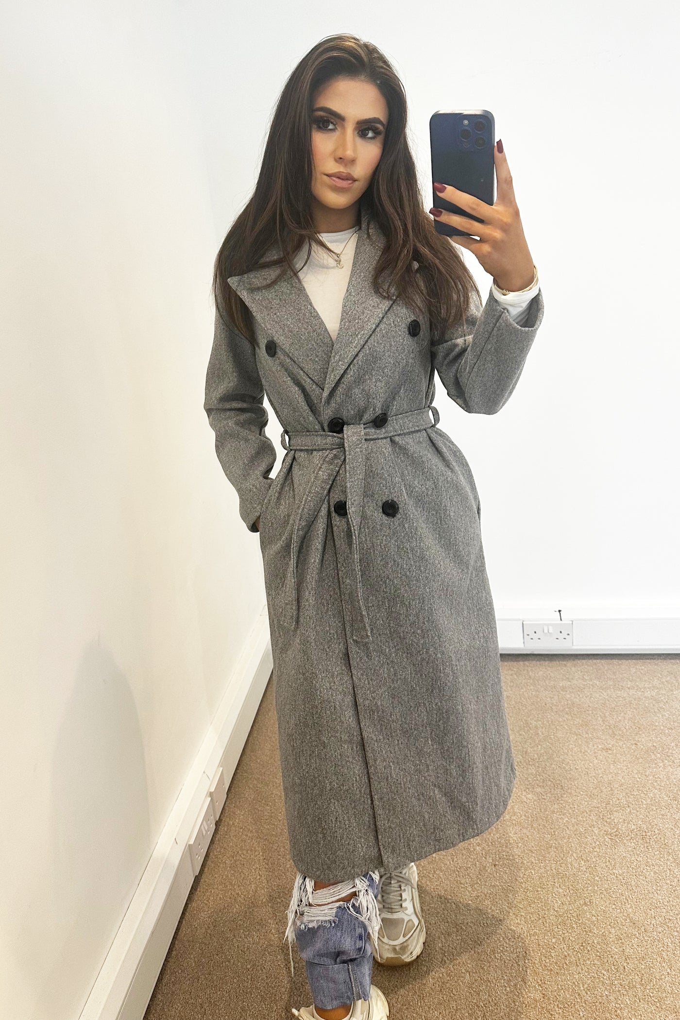 Double Breasted Longline Coat - Grey