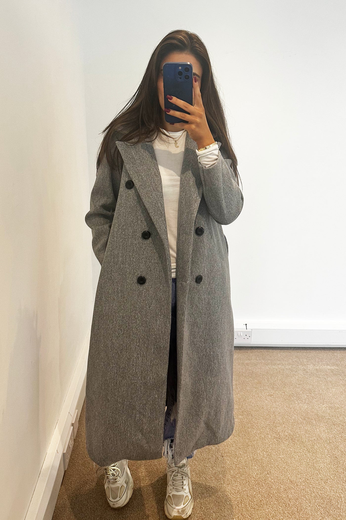 Double Breasted Longline Coat - Grey