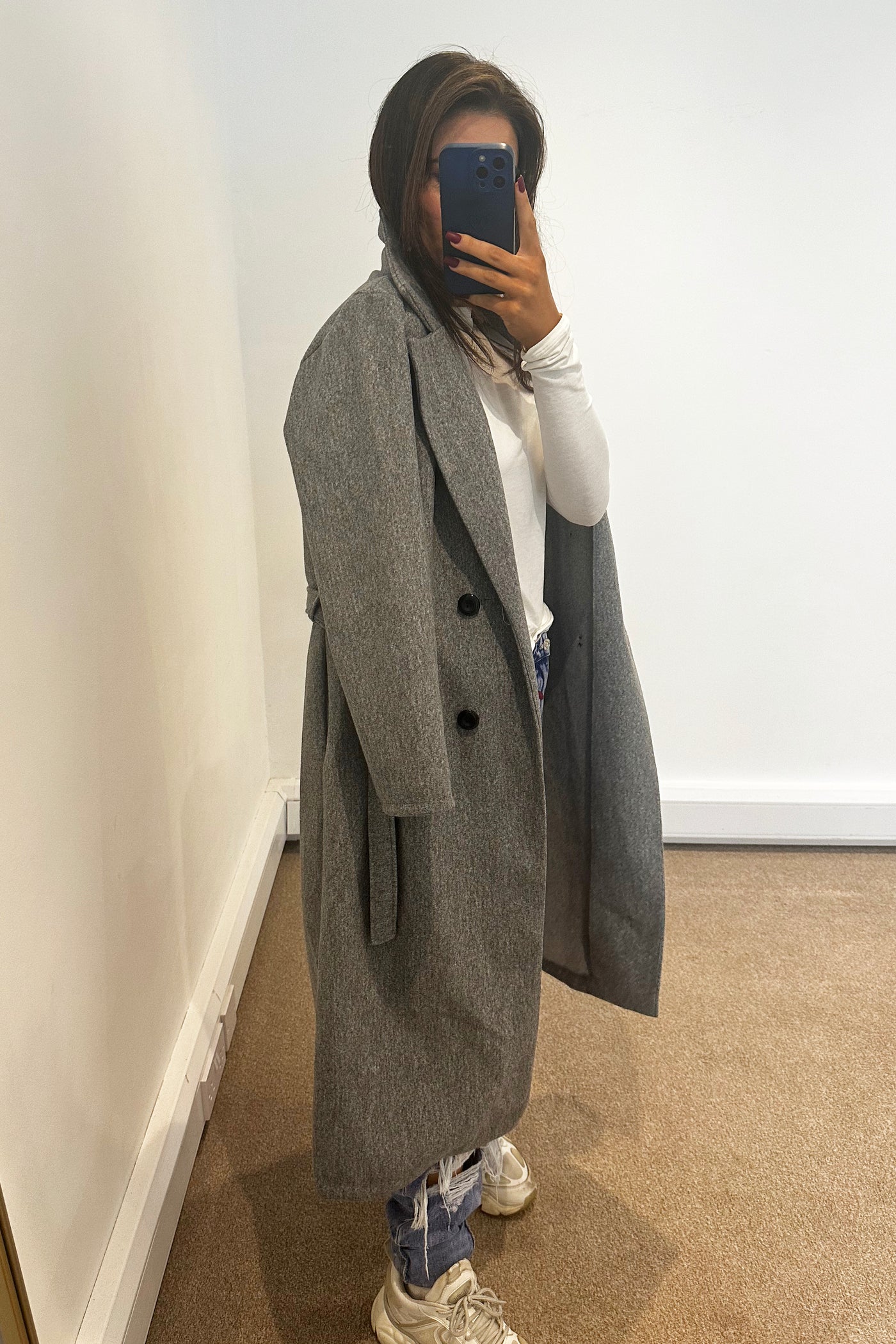 Double Breasted Longline Coat - Grey