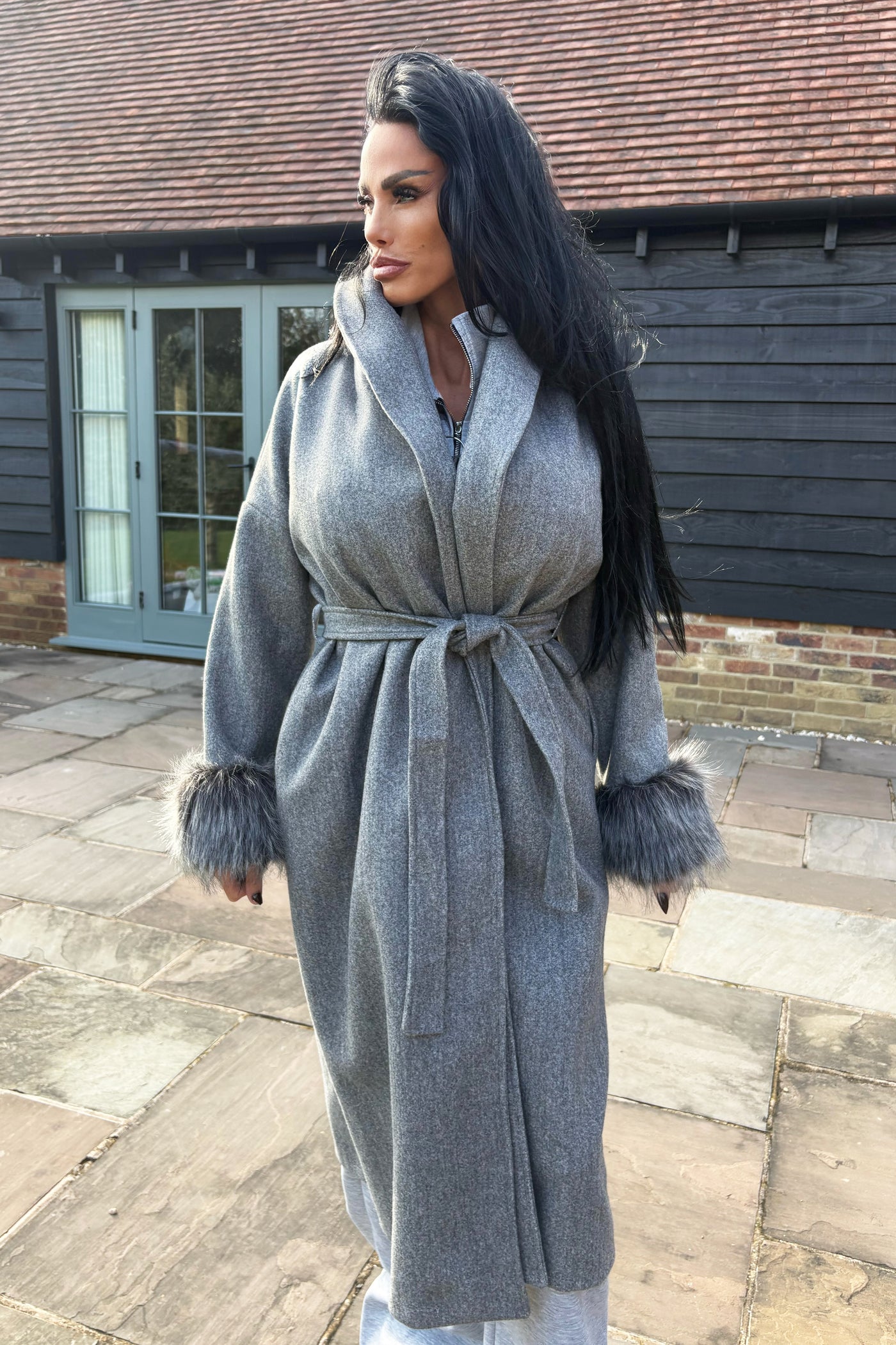 Faux Fur Cuff Coat - Grey