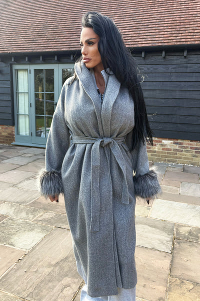 Faux Fur Cuff Coat - Grey