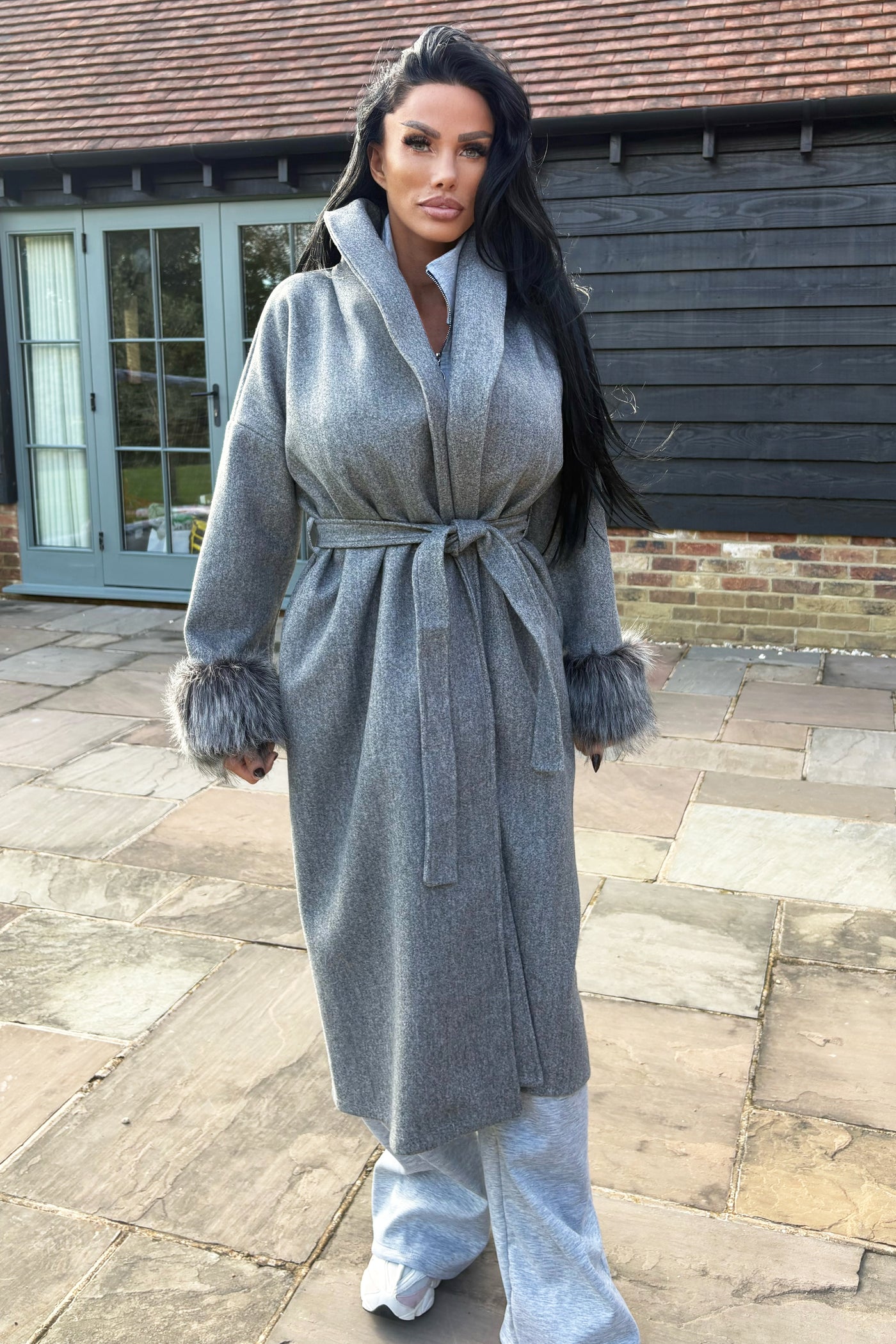 Faux Fur Cuff Coat - Grey