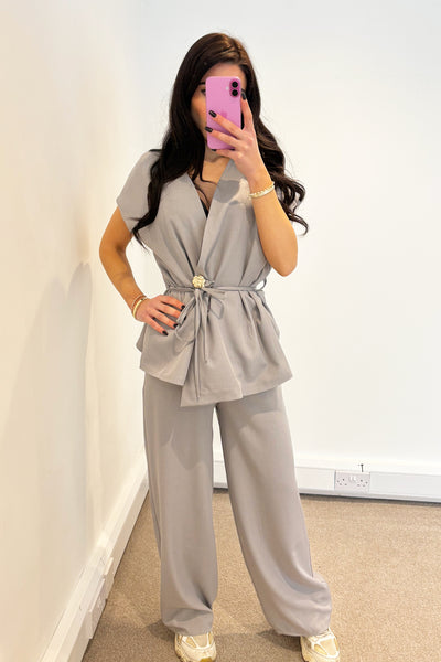 Gold Button Tie Up Set - Grey