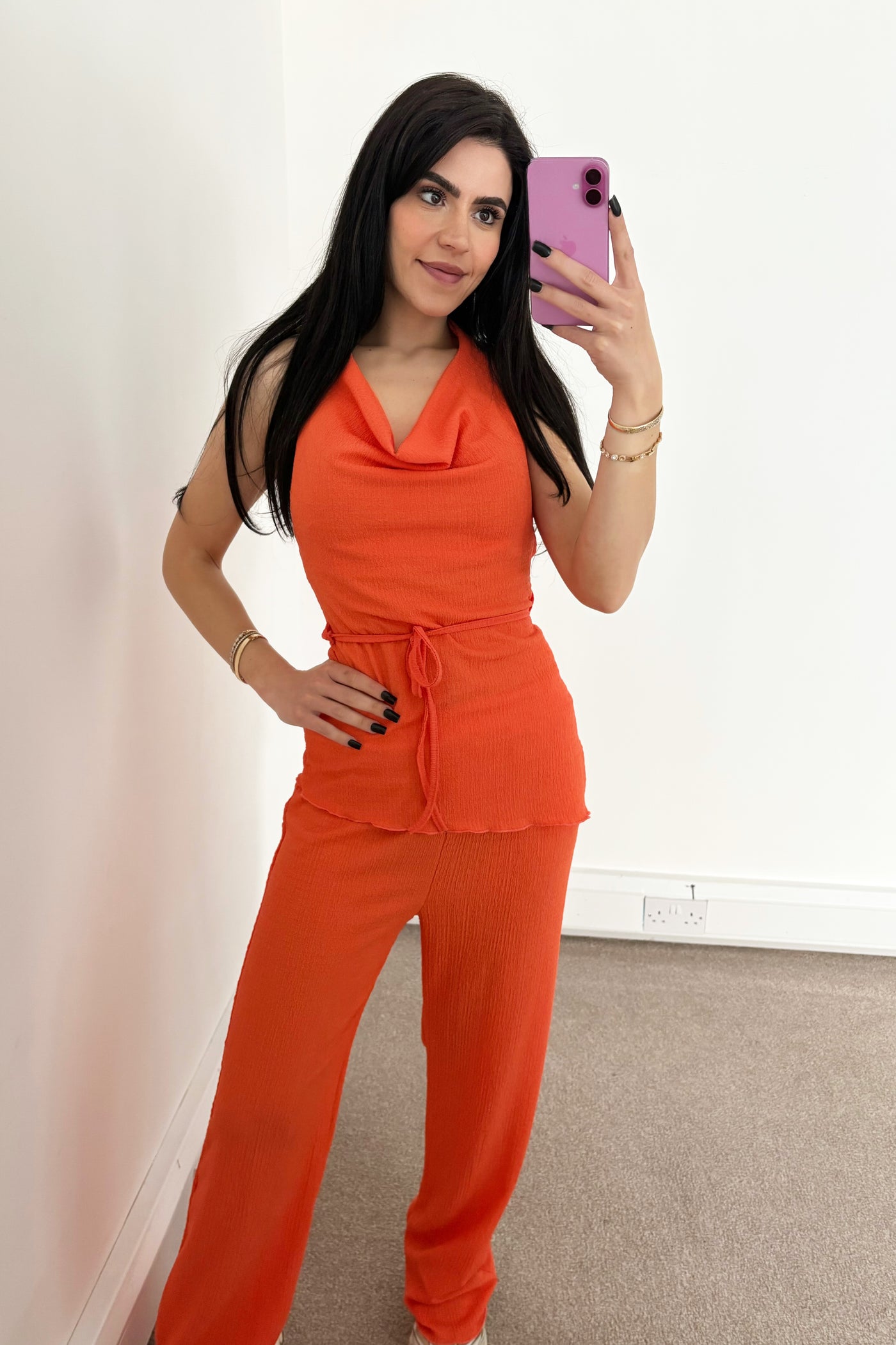 Halter Neck Top Set - Coral Orange
