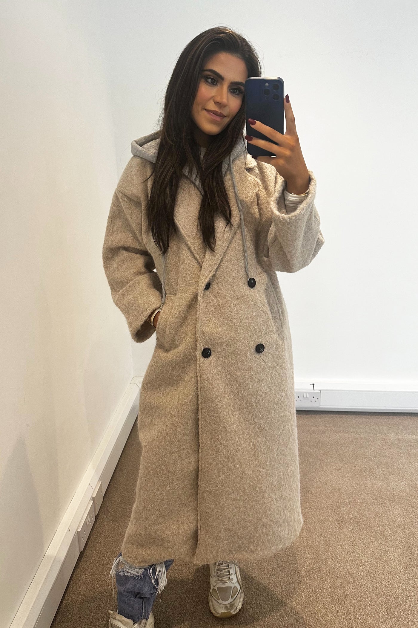 Hoodie Longline Wool Coat - Beige