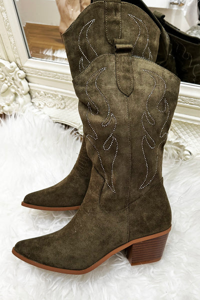Diamante Cowboy Boots - Khaki