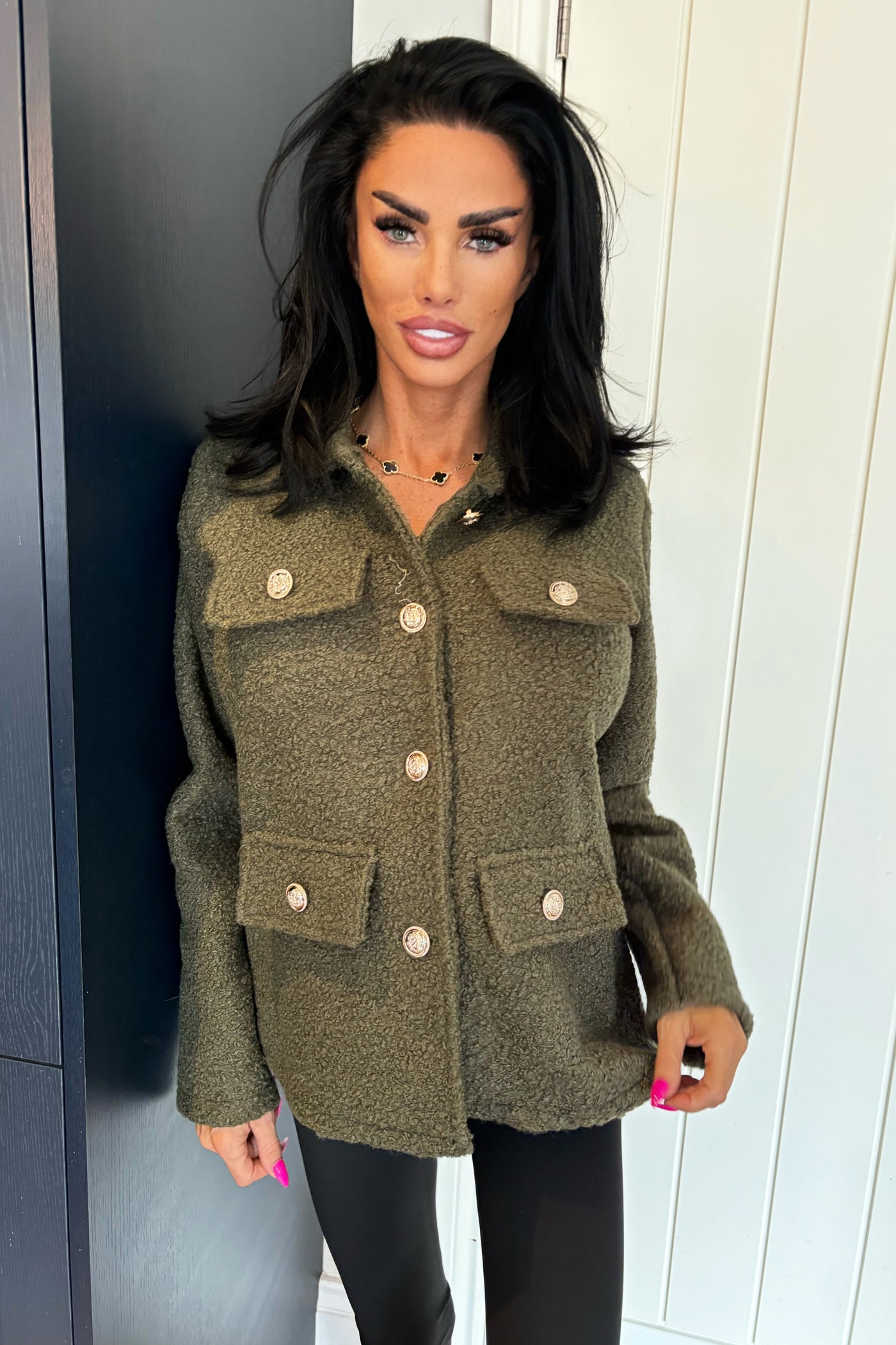 Boucle Gold Button Jacket - Khaki