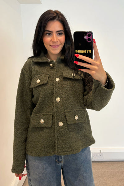 Boucle Gold Button Jacket - Khaki
