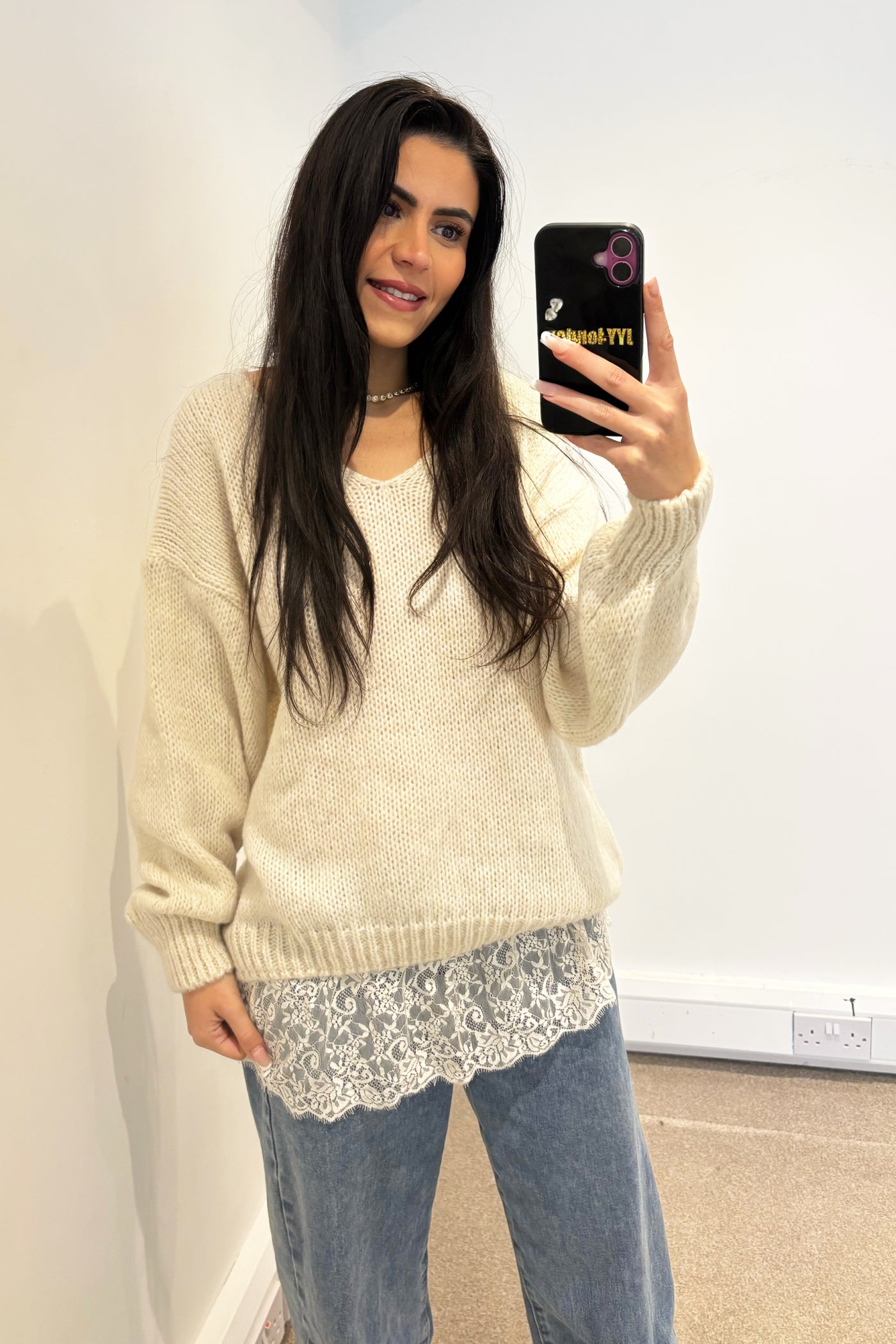 Lace Hem Jumper - Beige