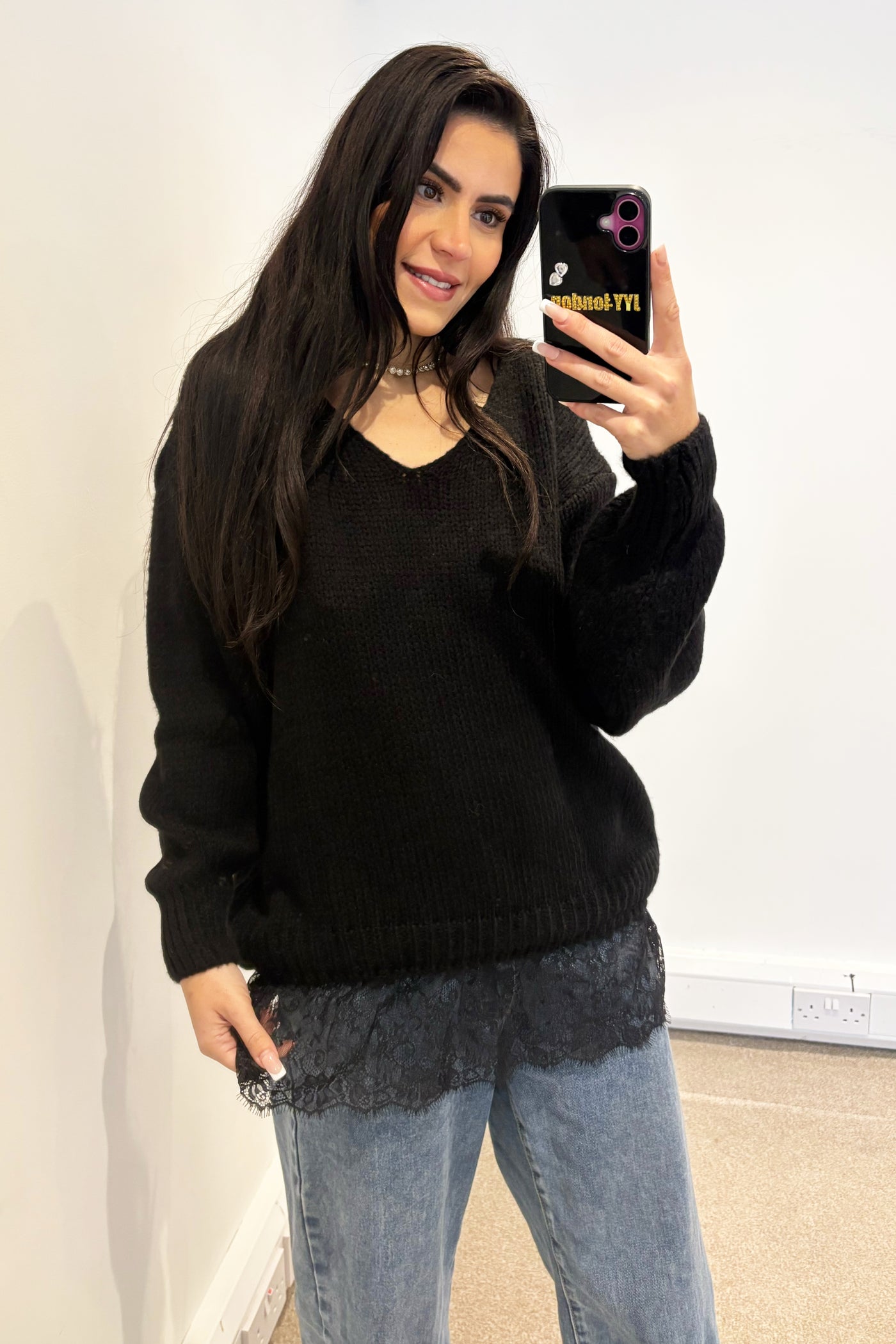 Lace Hem Jumper - Black