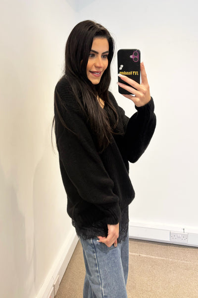 Lace Hem Jumper - Black