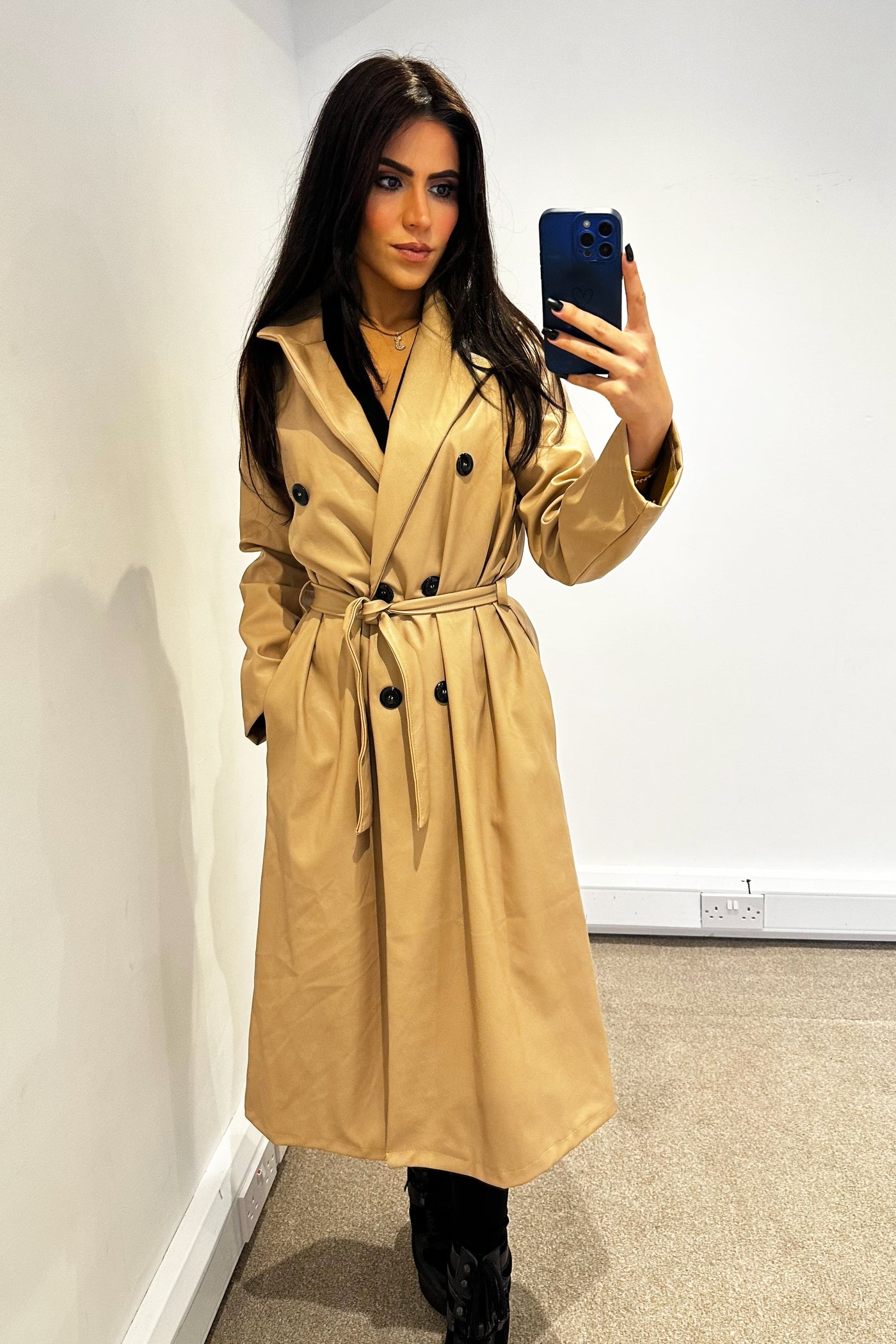 Faux Leather Trench Coat - Beige