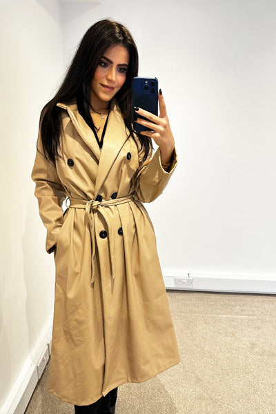 Faux Leather Trench Coat - Beige