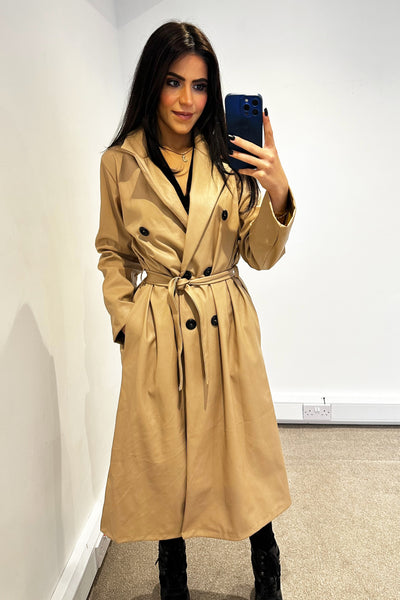 Faux Leather Trench Coat - Beige