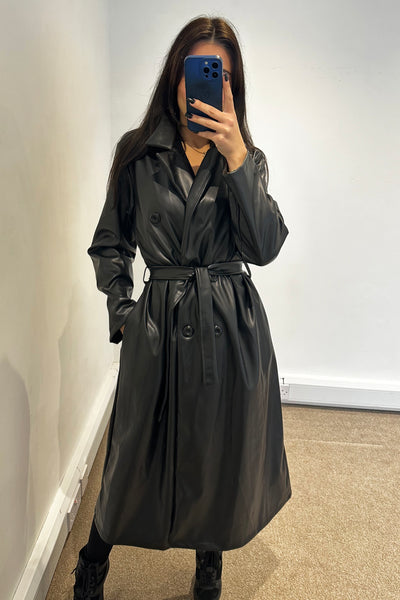 Faux Leather Trench Coat - Black