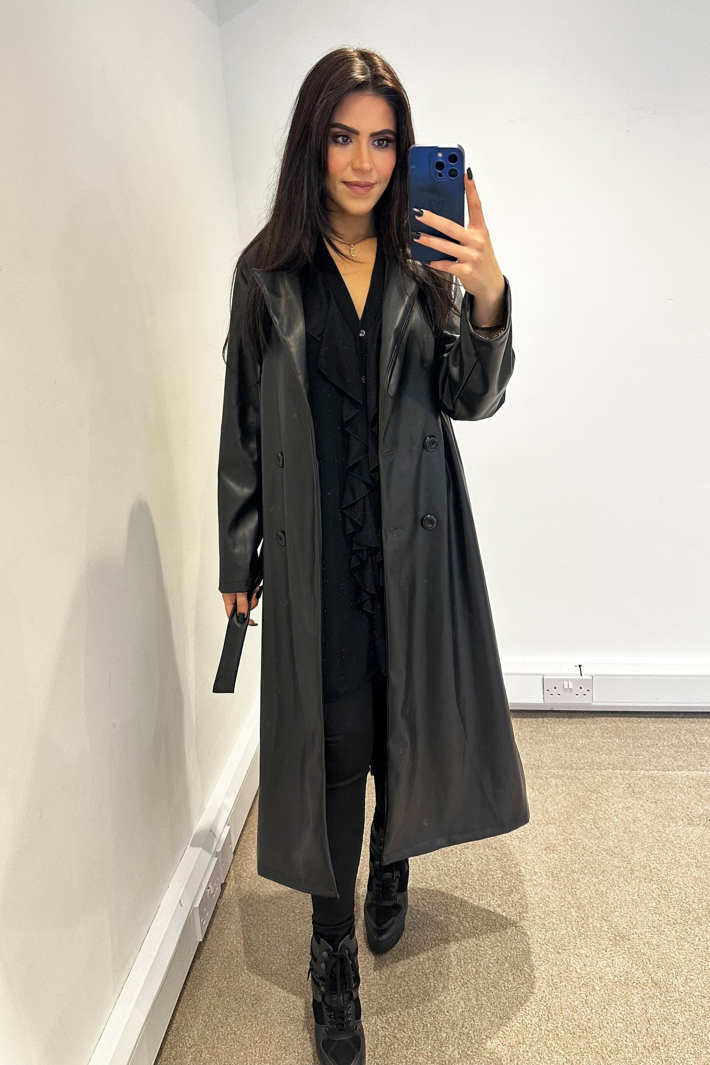 Faux Leather Trench Coat - Black