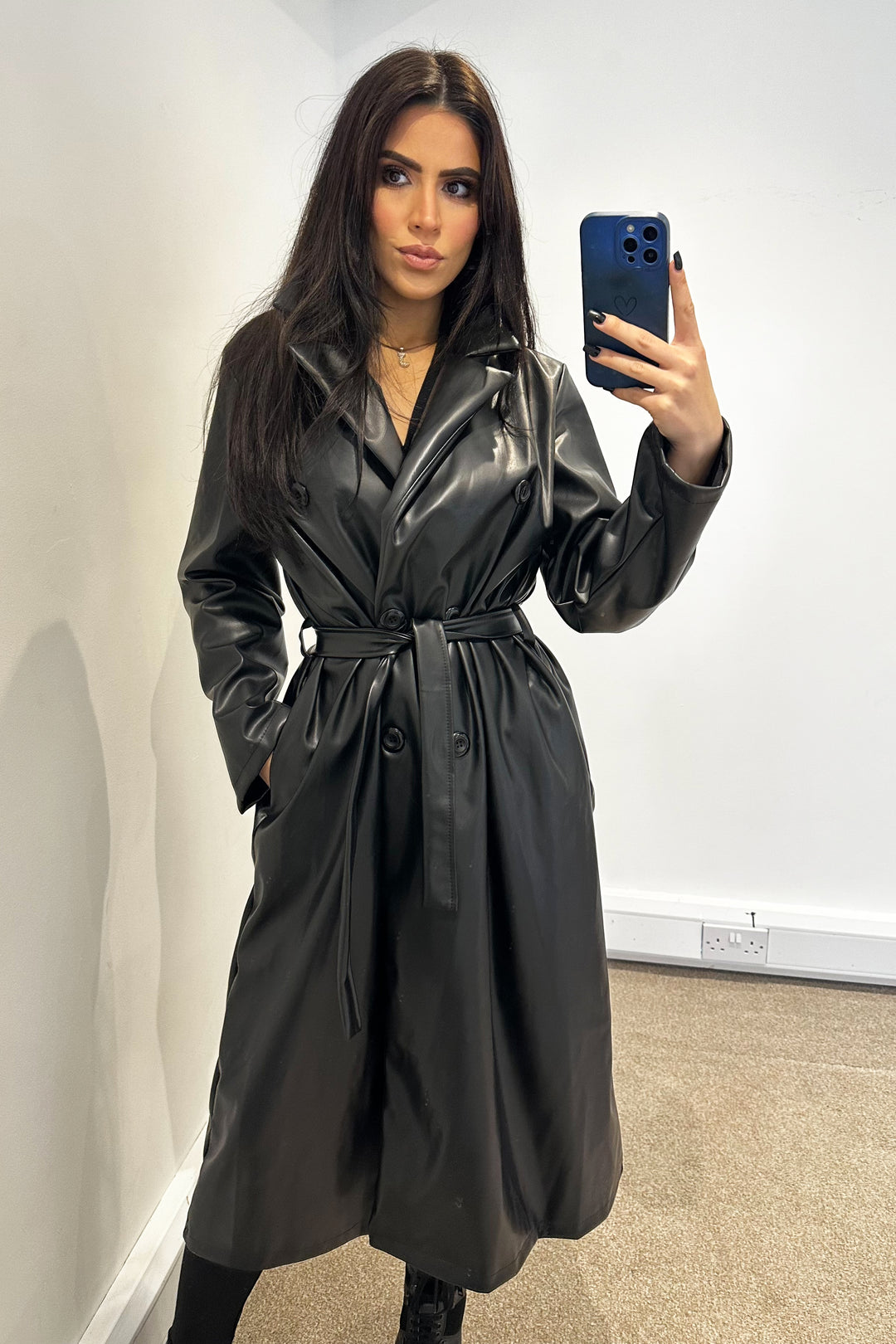 Faux Leather Trench Coat Black JYY London