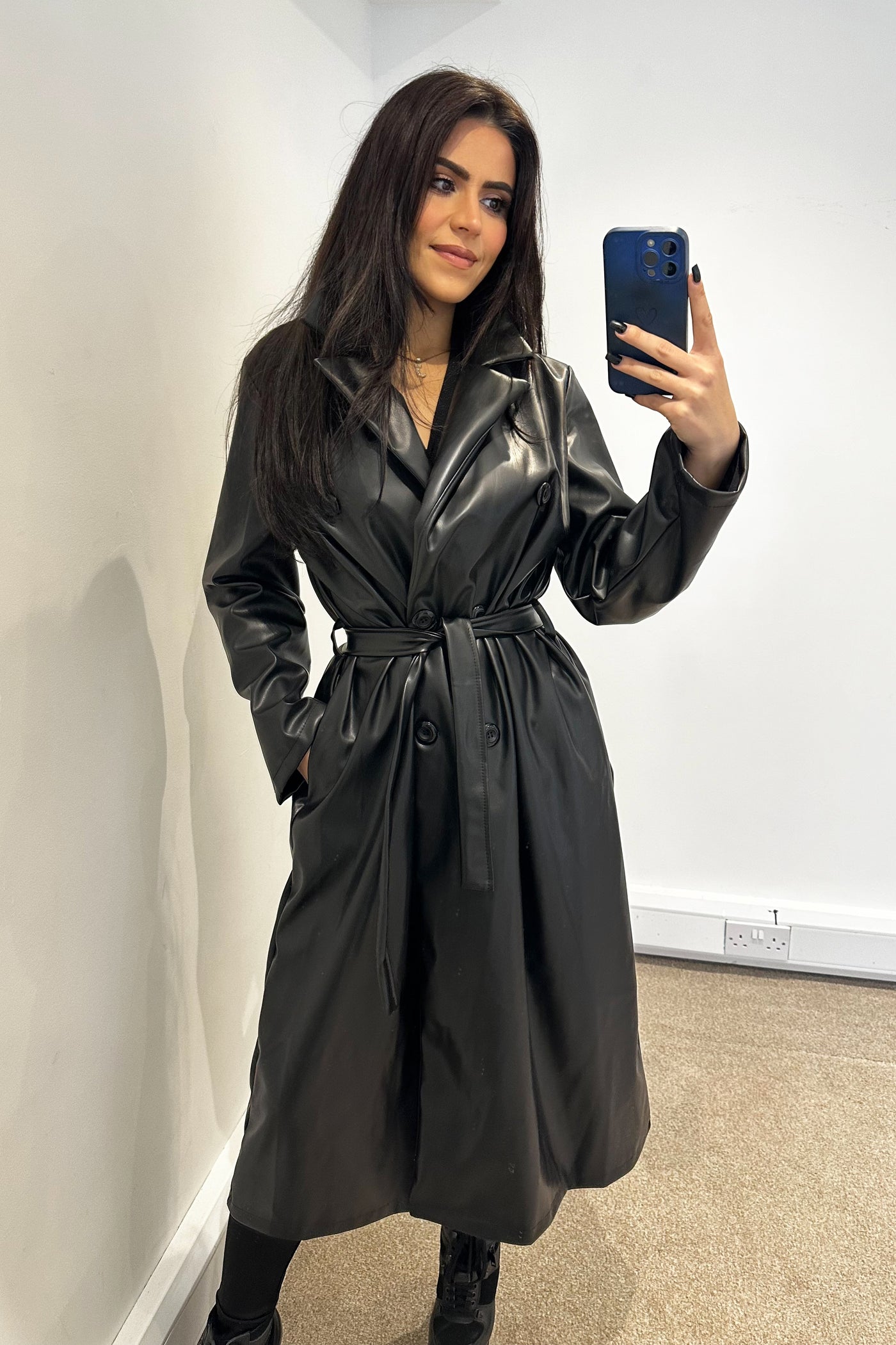 Faux Leather Trench Coat - Black