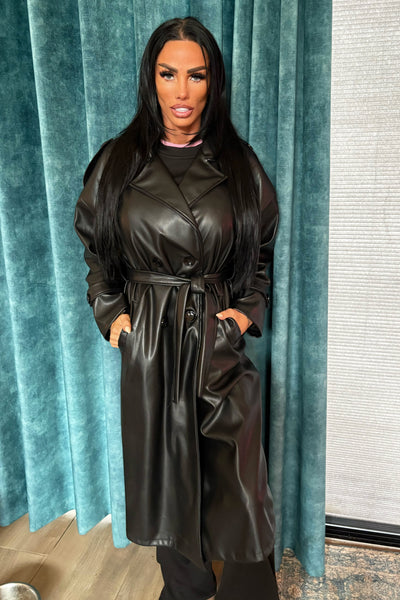 Faux Leather Trench Coat - Black