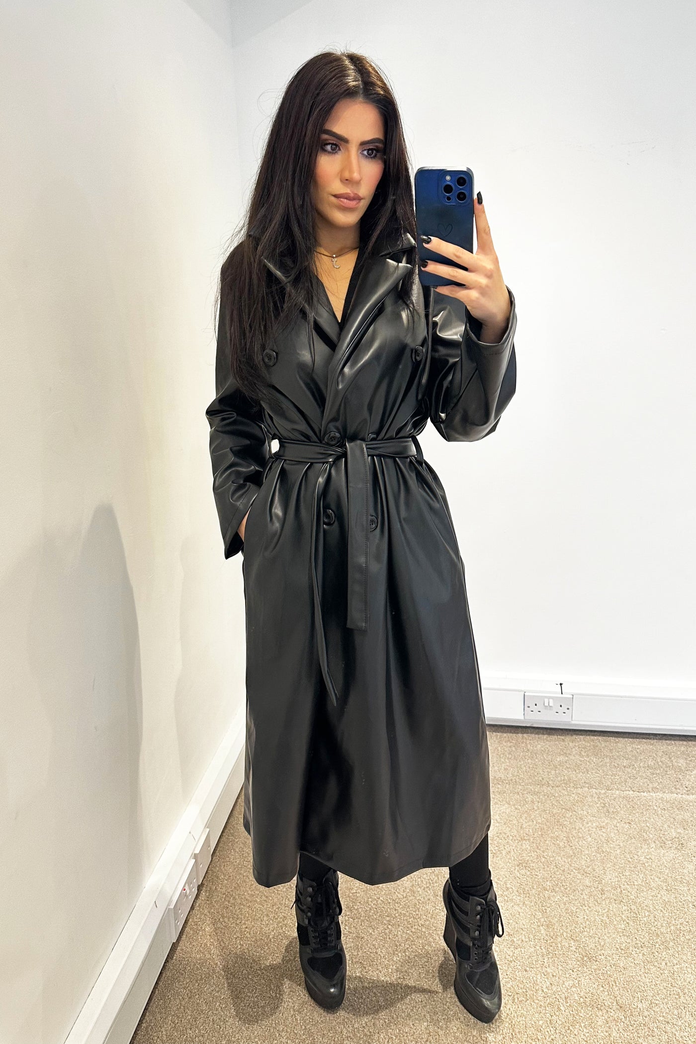 Faux Leather Trench Coat - Black