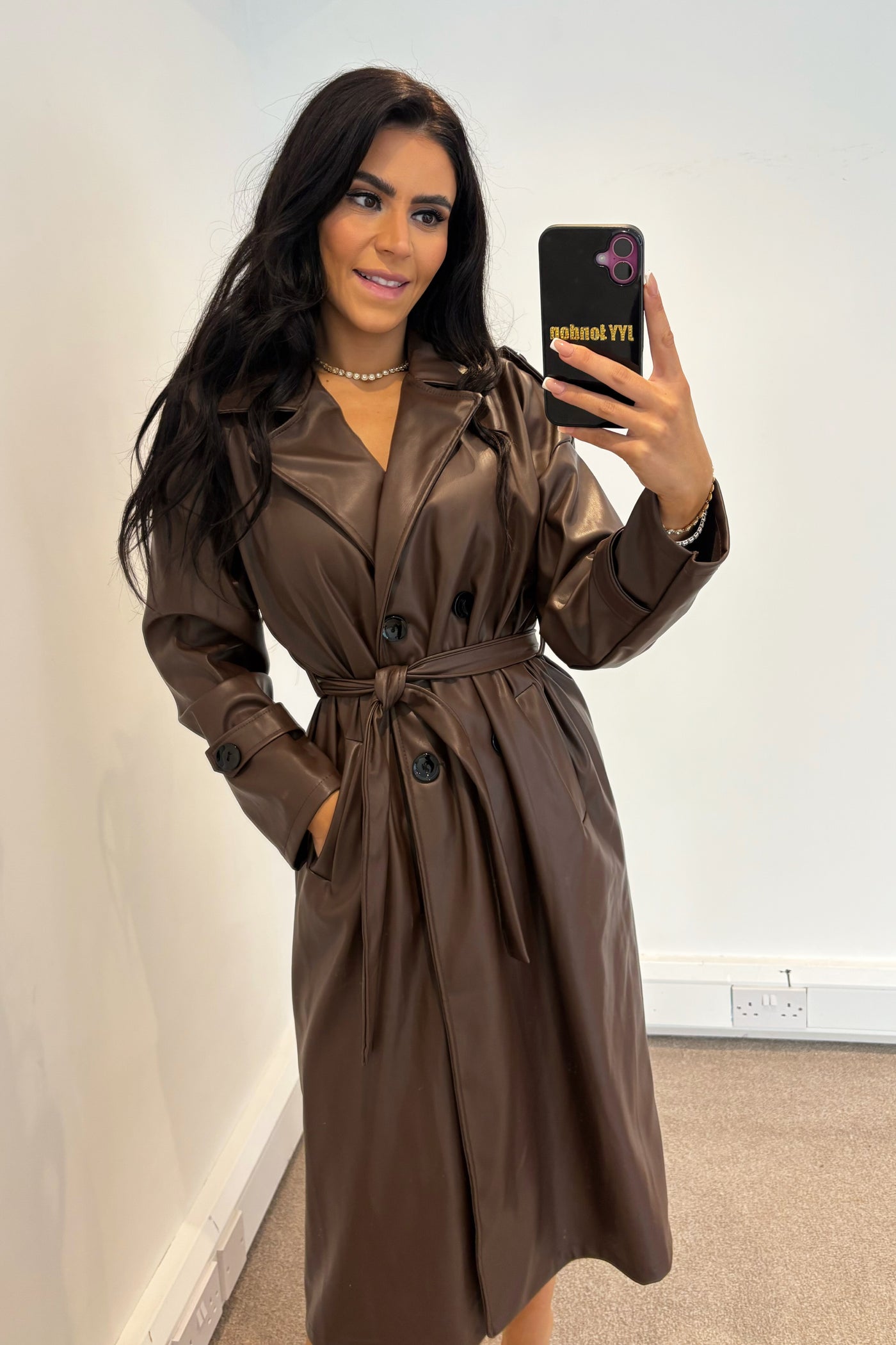 Faux Leather Trench Coat - Brown