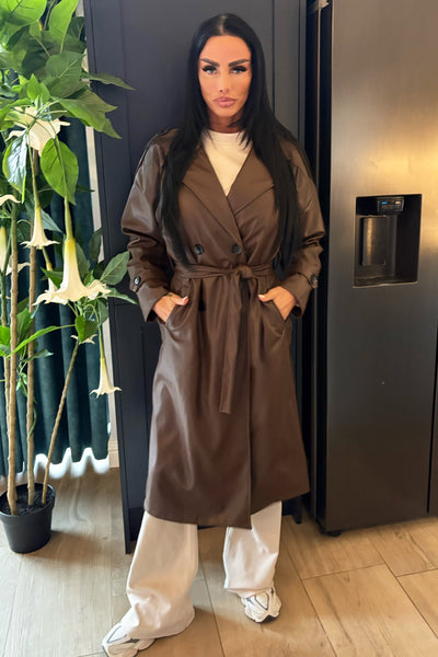Faux Leather Trench Coat - Brown