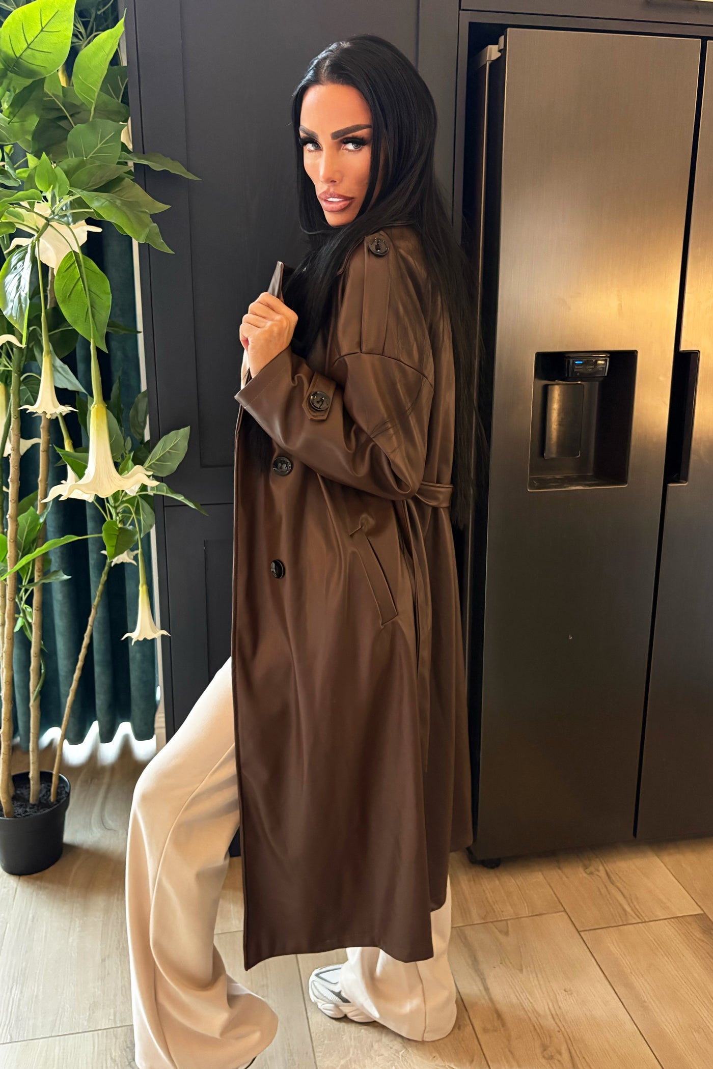 Faux Leather Trench Coat - Brown