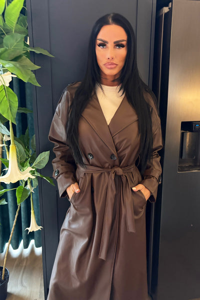 Faux Leather Trench Coat - Brown