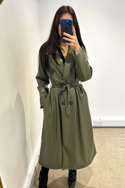 Faux Leather Trench Coat - Khaki