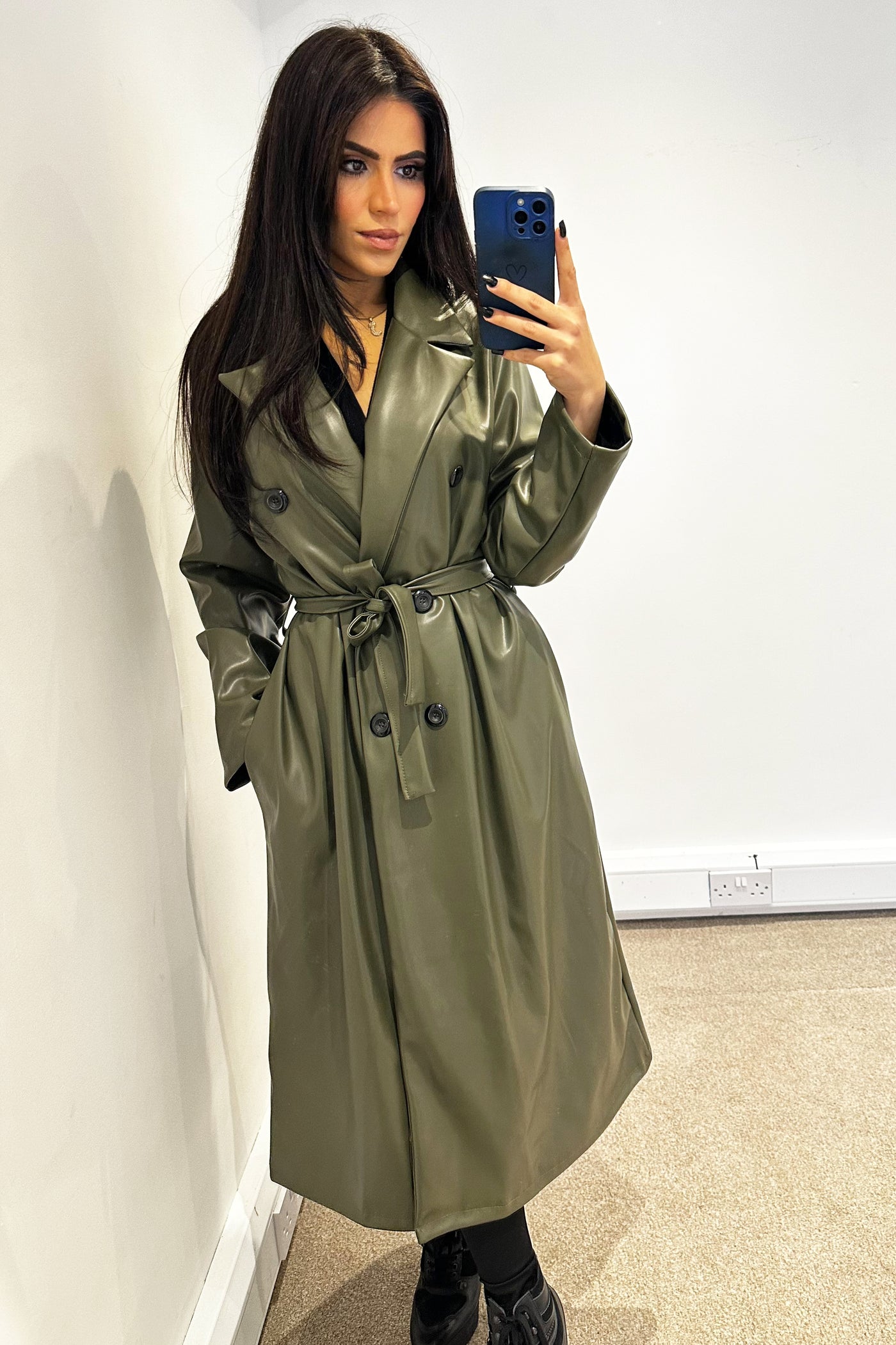 Faux Leather Trench Coat - Khaki