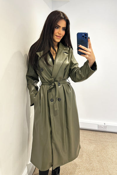 Faux Leather Trench Coat - Khaki