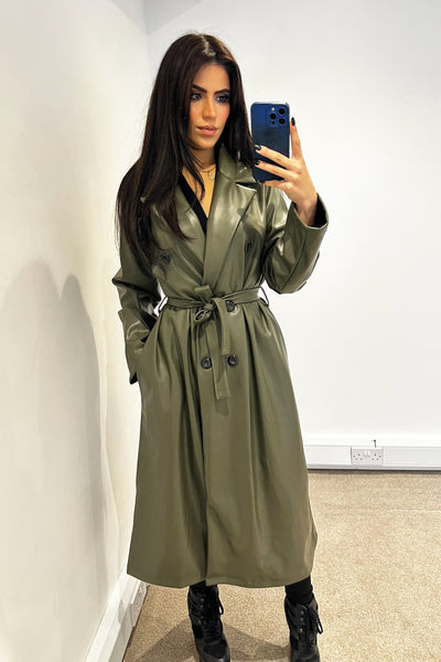 Faux Leather Trench Coat - Khaki