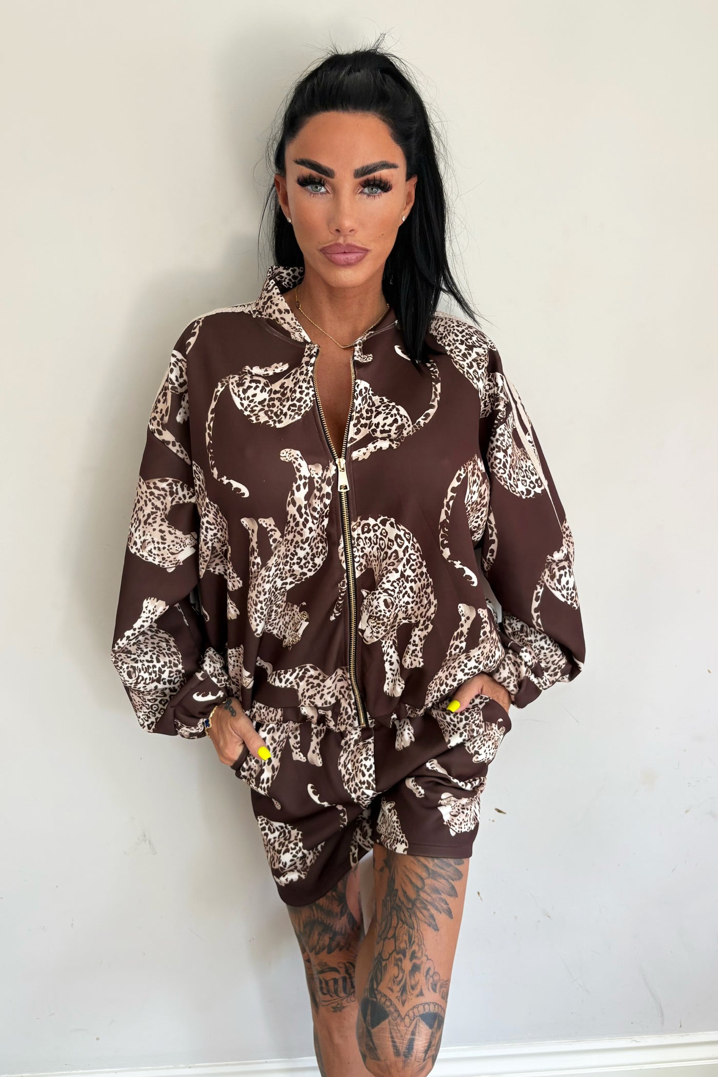 Leopard Bomber Jacket & Short Set - Brown