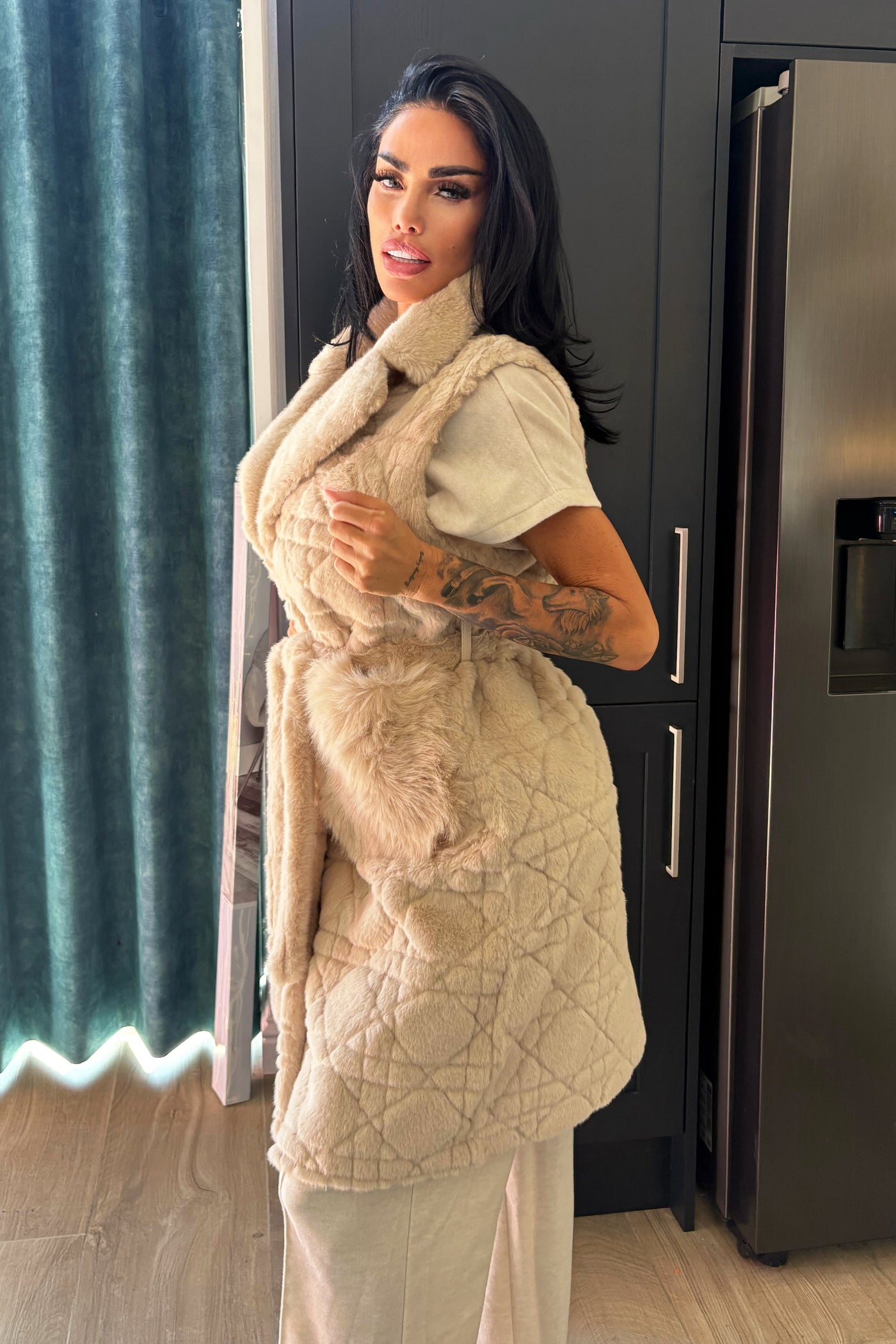 Faux Fur Long Gilet - Beige