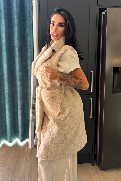 Faux Fur Long Gilet - Beige