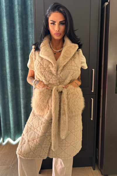 Faux Fur Long Gilet - Beige
