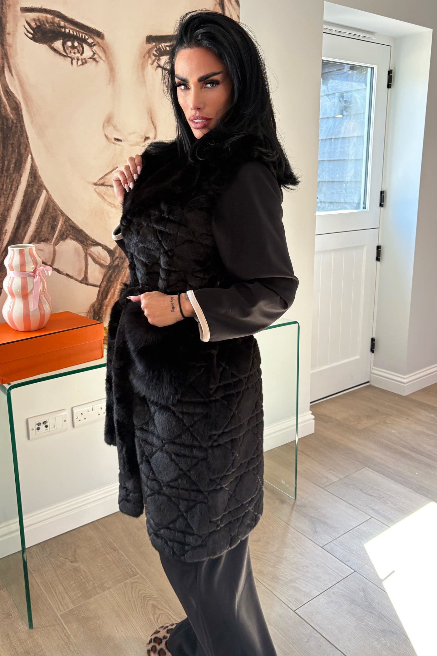 Faux Fur Long Gilet - Black