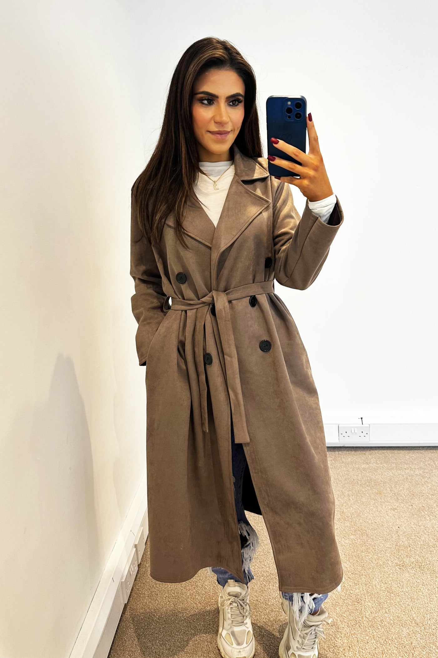 Faux Suede Trench Coat - Mocha