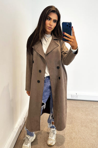 Faux Suede Trench Coat - Mocha